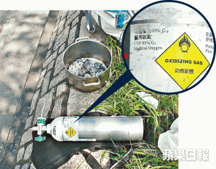 ■警員在車內撿獲一煲燒過的炭及一瓶氧氣樽,樽上標明為醫用氧氣(圓圖)。 ■警員在車內撿獲一煲燒過的炭及一瓶氧氣樽,樽上標明為醫用氧氣(圓圖)。