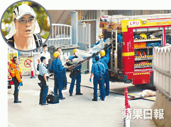 ■東院矯形及創傷外科主管鄭子傑(小圖)倒卧醫院宿舍山坡,消防員到場證實鄭死亡。劉柏麟攝
■東院矯形及創傷外科主管鄭子傑(小圖)倒卧醫院宿舍山坡,消防員到場證實鄭死亡。劉柏麟攝
