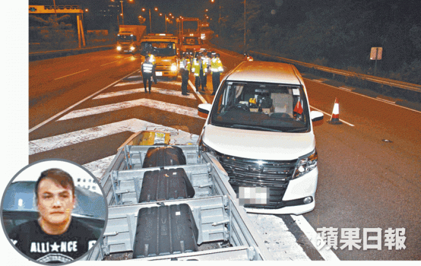 ■事主蔡建業(圓圖)前晚駕車時病發昏迷,七人車於大欖隧道口失控撞欄。黎家駒攝 ■事主蔡建業(圓圖)前晚駕車時病發昏迷,七人車於大欖隧道口失控撞欄。黎家駒攝