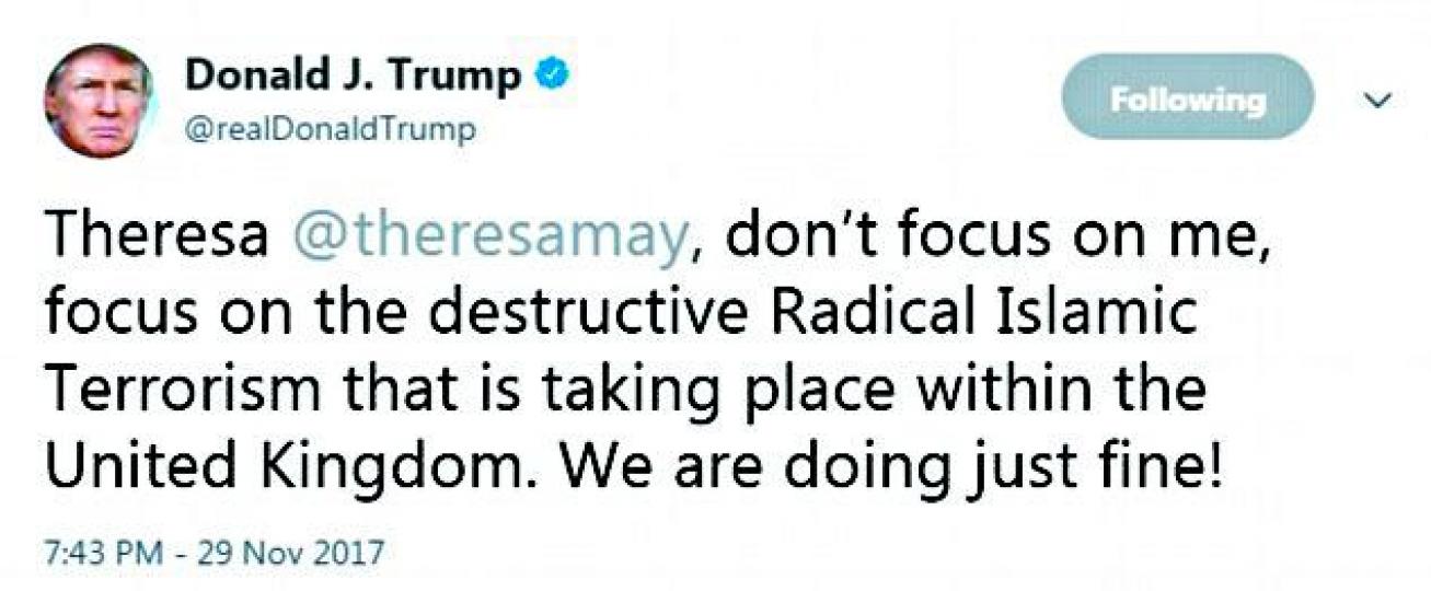 ■不忿受責的特朗普匆匆推文反駁,卻錯誤標籤了另一個Theresa。 ■不忿受責的特朗普匆匆推文反駁,卻錯誤標籤了另一個Theresa。