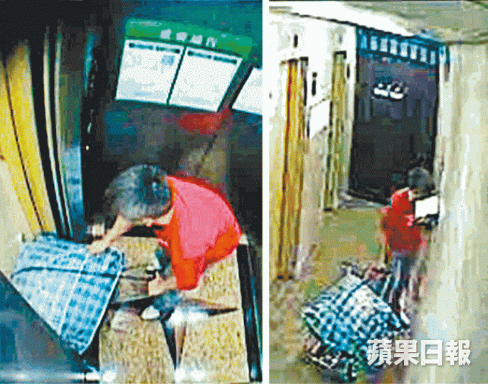 ■閉路電視拍下陳文深用手拉車將載着屍體的尼龍袋運入電梯,並經3樓平台進入停車場(右圖)。 ■閉路電視拍下陳文深用手拉車將載着屍體的尼龍袋運入電梯,並經3樓平台進入停車場(右圖)。