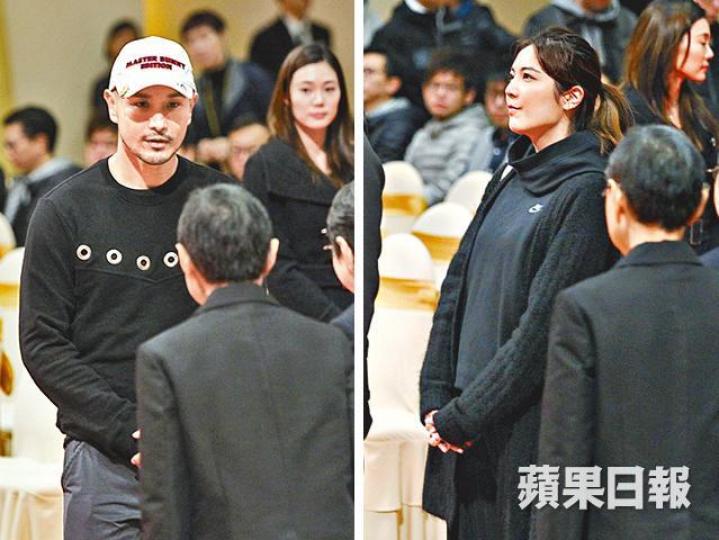 ■陳展鵬與女友單文柔（右圖）前後腳到場向六嬸致意。■港大校務委員會主席李國章（左）與前財政司司長梁錦松慰問方逸華胞妹。■（左起）港科院院長徐立之、港大校長馬斐森、醫管局前主席梁智鴻到場致哀。■與方逸華相識多年的四太梁安琪神情凝重。■腳傷未癒的鄭欣宜撐枴杖到場，自言飲TVB奶大，一定要來鞠躬。