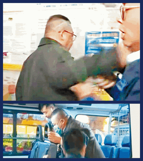■民順昨與工人談判破裂後,公司代表被拍到向記者施襲(上圖),其後被警方拘捕(下圖)。有線電視畫面 ■民順昨與工人談判破裂後,公司代表被拍到向記者施襲(上圖),其後被警方拘捕(下圖)。有線電視畫面