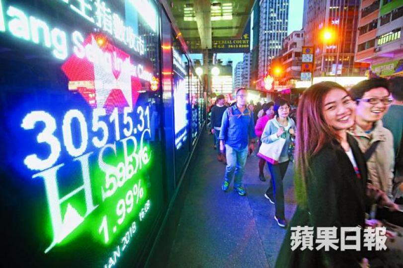 ■恒指昨在2018年首個交易日即打響頭炮,升近600點,以全日最高位30515點收市。黎樹雄攝 ■恒指昨在2018年首個交易日即打響頭炮,升近600點,以全日最高位30515點收市。黎樹雄攝