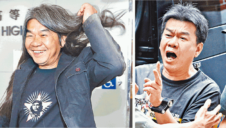 ■梁國雄2014年入獄後被剪「短毛」（右圖），他昨在法院外指政府上訴是輸打贏要。陳善南攝