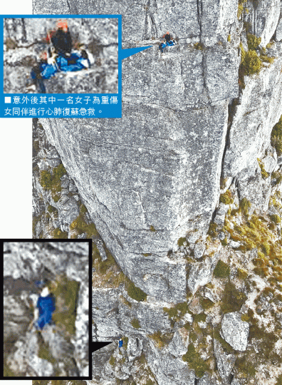 ■意外後,當地男嚮導(黑框示)飛墮山腳慘死,另兩名香港女遊客(藍框示)則留在峭壁一塊較平坦的岩石上。互聯網■救援直升機雖曾一度到場,但因峭壁太險要無法飛近。 ■意外後,當地男嚮導(黑框示)飛墮山腳慘死,另兩名香港女遊客(藍框示)則留在峭壁一塊較平坦的岩石上。互聯網■救援直升機雖曾一度到場,但因峭壁太險要無法飛近。