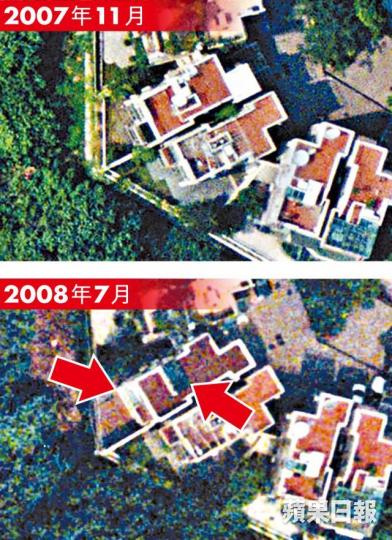 ■梁世雄買入4號屋時未見有室外僭建物(上圖),至鄭若驊購入獨立屋前,可見天台已加建玻璃屋,地下外牆換成玻璃陽台(下圖箭嘴示)。 ■梁世雄買入4號屋時未見有室外僭建物(上圖),至鄭若驊購入獨立屋前,可見天台已加建玻璃屋,地下外牆換成玻璃陽台(下圖箭嘴示)。