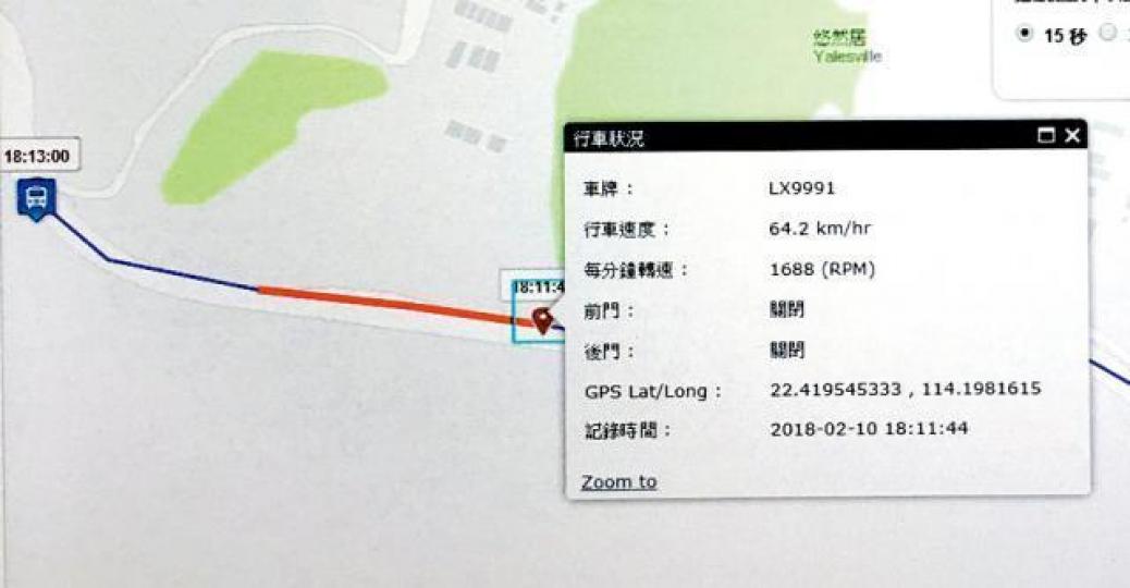 ■疑似肇事九巴黑盒數據圖顯示,巴士駛至彎位前約300米時超速(紅線示)。
■疑似肇事九巴黑盒數據圖顯示,巴士駛至彎位前約300米時超速(紅線示)。