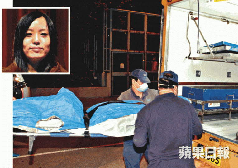 ■死者張明霞(小圖)前晚被發現伏屍單位,仵工其後將屍體移送殮房。 ■死者張明霞(小圖)前晚被發現伏屍單位,仵工其後將屍體移送殮房。