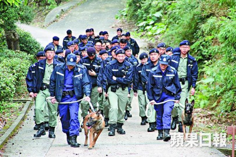 ■逾百機動部隊人員昨連同警犬及村巡隊到山徑巡邏。文兆麟攝 ■逾百機動部隊人員昨連同警犬及村巡隊到山徑巡邏。文兆麟攝