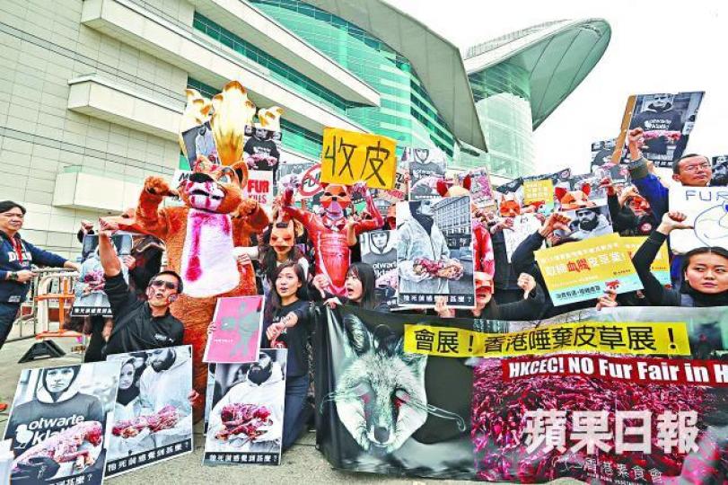 ■約70名市民在皮草展外抗議。何家達攝 ■約70名市民在皮草展外抗議。何家達攝