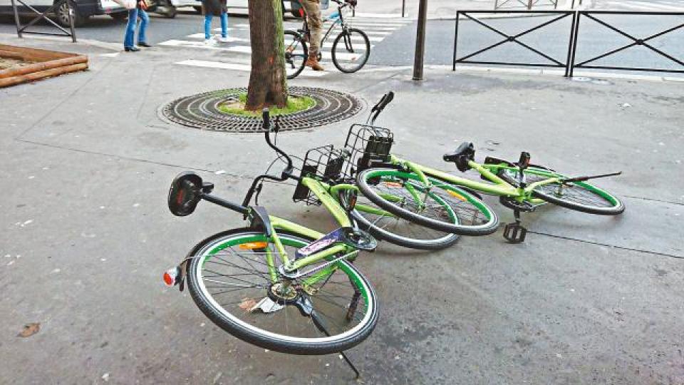 ■法國多地都常見有Gobee.bike單車遭蓄意破壞。 ■法國多地都常見有Gobee.bike單車遭蓄意破壞。