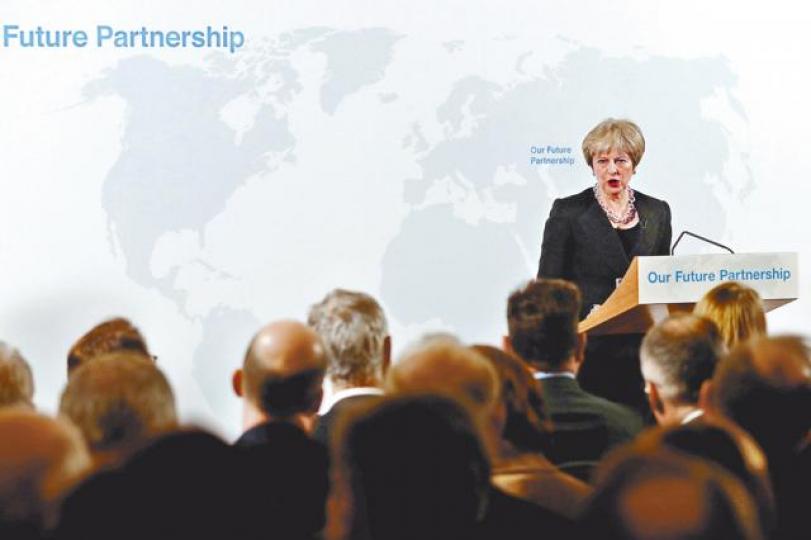 ■英國首相文翠珊昨日發表脫歐政策演說，勾勒脫歐後對英歐關係構想。