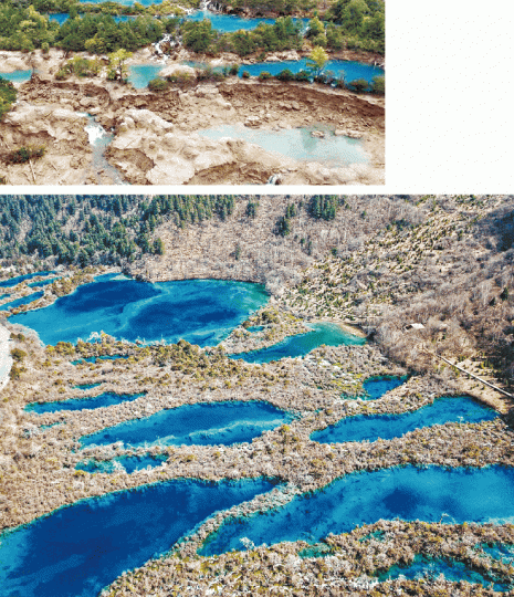 ■地震後火花海滿目瘡痍(上圖),經修復後成為九寨溝特色景區(下圖)。 ■地震後火花海滿目瘡痍(上圖),經修復後成為九寨溝特色景區(下圖)。
