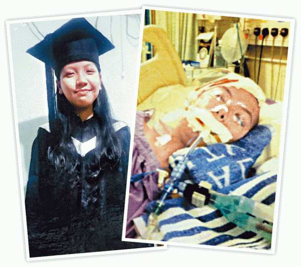 ■陳姓少女出事前開朗活潑(左圖),惟現時需長期卧床,視力、言語和吞嚥能力嚴重受損。家屬提供圖片 ■陳姓少女出事前開朗活潑(左圖),惟現時需長期卧床,視力、言語和吞嚥能力嚴重受損。家屬提供圖片