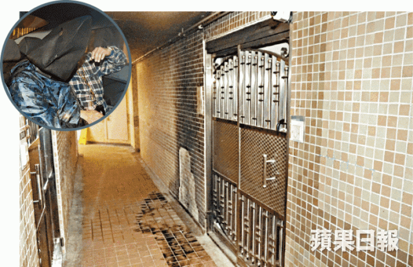 ■涉事單位遭縱火,疑犯(圓圖)被帶返警署調查。張家豪攝 ■涉事單位遭縱火,疑犯(圓圖)被帶返警署調查。張家豪攝