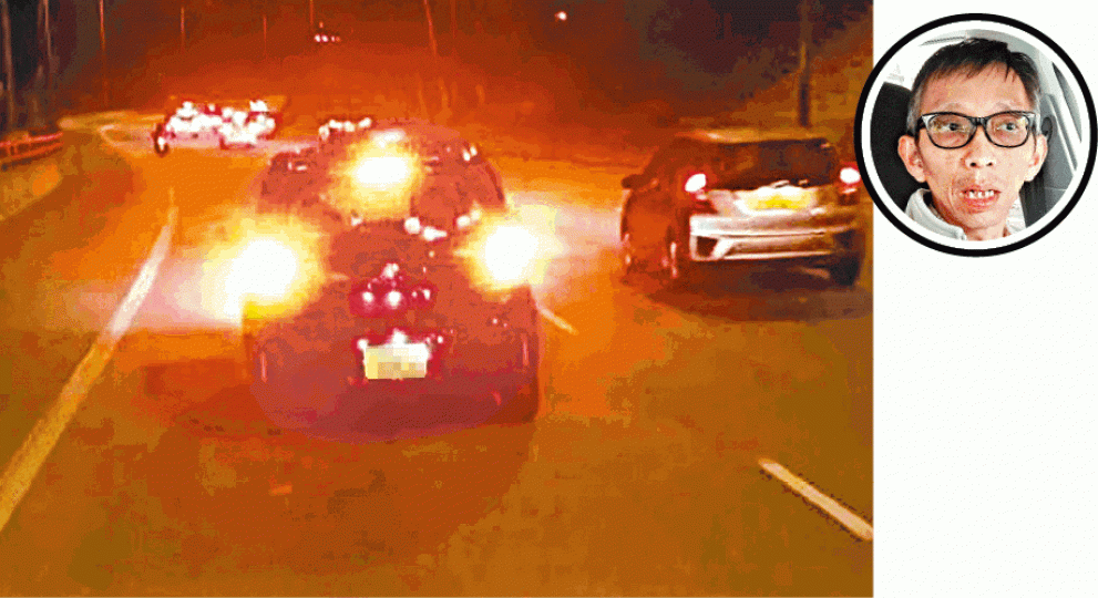 ■涉事私家車司機譚先生（圓圖）被巴士乘客拍下開死火燈慢駛，累巴士急煞。