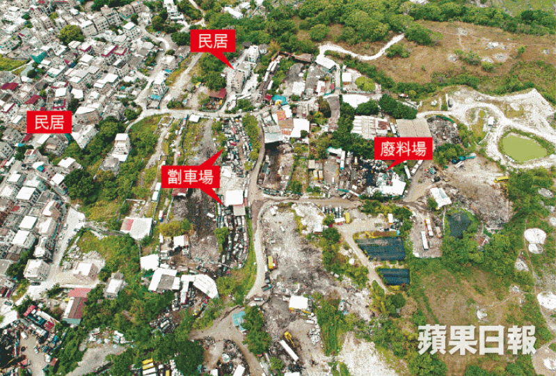 ■橫台山一帶的劏車場和廢料場等作業胡亂分佈,有劏車場鄰近民居。黃文邦攝■上水恐龍坑一帶以貨櫃場為主,部份接近耕地(箭嘴示)。 ■橫台山一帶的劏車場和廢料場等作業胡亂分佈,有劏車場鄰近民居。黃文邦攝■上水恐龍坑一帶以貨櫃場為主,部份接近耕地(箭嘴示)。