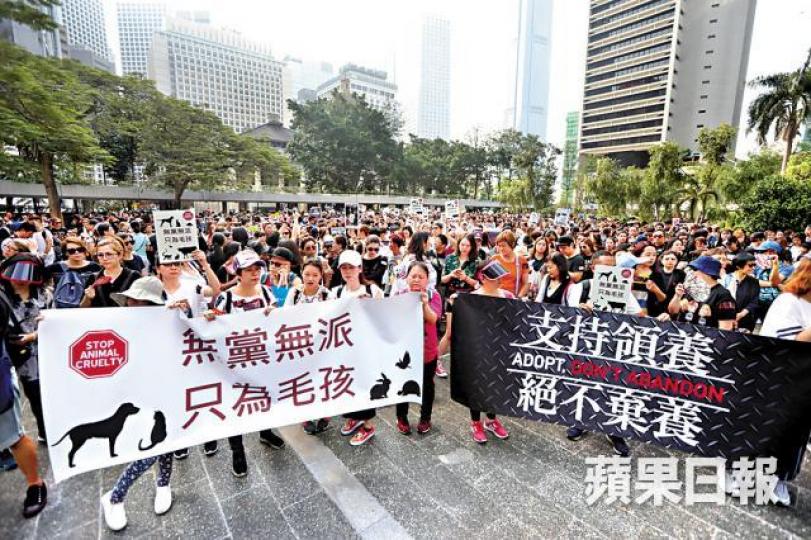 ■逾2,000人昨在中環遊行,倡政府立法保護毛孩。朱永倫攝■有遊行人士穿上黑衣,抱愛犬到場。 ■逾2,000人昨在中環遊行,倡政府立法保護毛孩。朱永倫攝■有遊行人士穿上黑衣,抱愛犬到場。