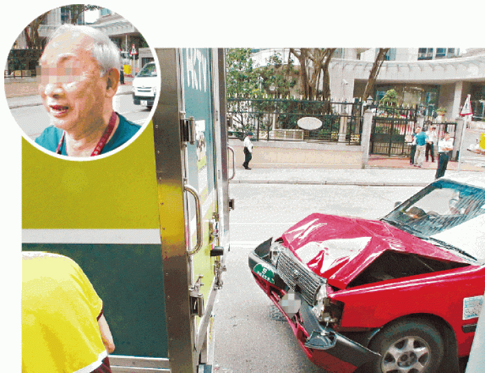 ■的士撞向貨車車尾後車頭變形,81歲的士司機(圓圖)涉危駕撞傷人被捕。張培生攝 ■的士撞向貨車車尾後車頭變形,81歲的士司機(圓圖)涉危駕撞傷人被捕。張培生攝