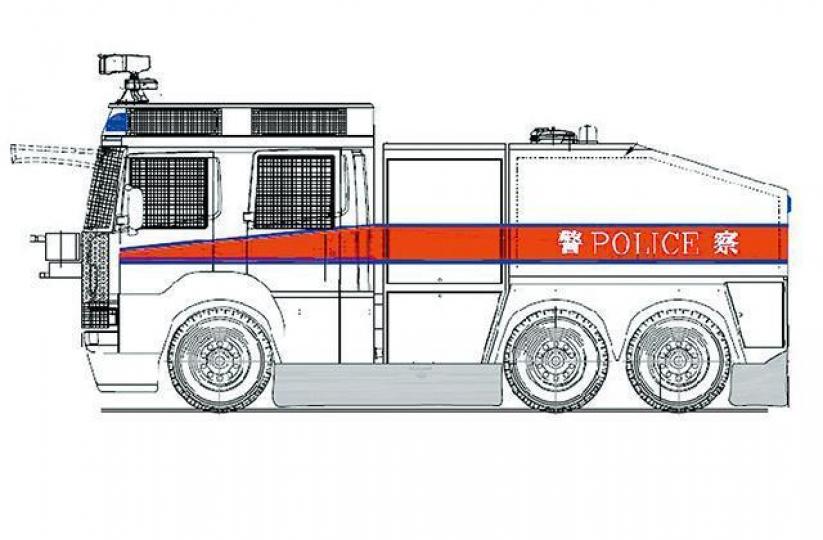 ■警方早前購入3輛水炮車,其中1部月底到港;圖為警方水炮車草圖。 ■警方早前購入3輛水炮車,其中1部月底到港;圖為警方水炮車草圖。