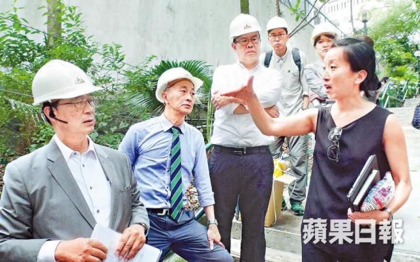■高韻儀(右)昨有到場視察港大前細葉榕情況。 ■高韻儀(右)昨有到場視察港大前細葉榕情況。