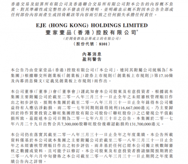 ■壹家壹品盈警主因是受「翠如BB股」聯旺集團拖累。 ■壹家壹品盈警主因是受「翠如BB股」聯旺集團拖累。