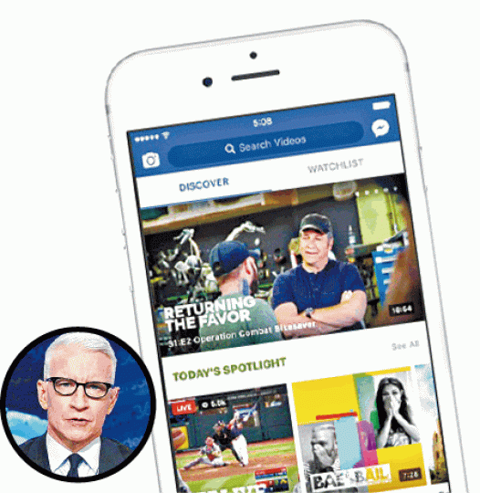■facebook跟傳媒合作,播放新聞節目,名主播Anderson Cooper(圓圖)有份參與。互聯網 ■facebook跟傳媒合作,播放新聞節目,名主播Anderson Cooper(圓圖)有份參與。互聯網