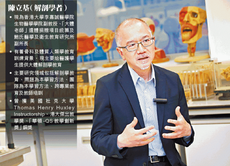 ■陳立基說醫學是科學與藝術結合,醫學也不應失去人性。 朱家駿攝■「時間之骨」顳骨,變成飛船在宇宙遊歷。■大網膜在陳立基眼中似高空下的河流,陳的卻認為是塊蕾絲布。■腹前壁內面標本,變成森林、河流及天空。■盆骨變成大山。 ■陳立基說醫學是科學與藝術結合,醫學也不應失去人性。 朱家駿攝■「時間之骨」顳骨,變成飛船在宇宙遊歷。■大網膜在陳立基眼中似高空下的河流,陳的卻認為是塊蕾絲布。■腹前壁內面標本,變成森林、河流及天空。■盆骨變成大山。