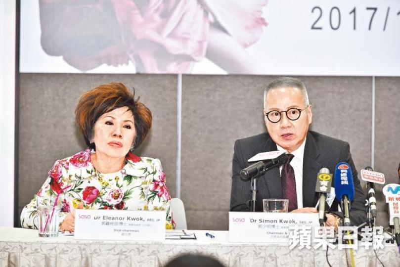 ■莎莎主席郭少明(右)指今年首兩個月電商銷售額按年升約兩成半;旁為副主席郭羅桂珍。黃偉傑攝 ■莎莎主席郭少明(右)指今年首兩個月電商銷售額按年升約兩成半;旁為副主席郭羅桂珍。黃偉傑攝