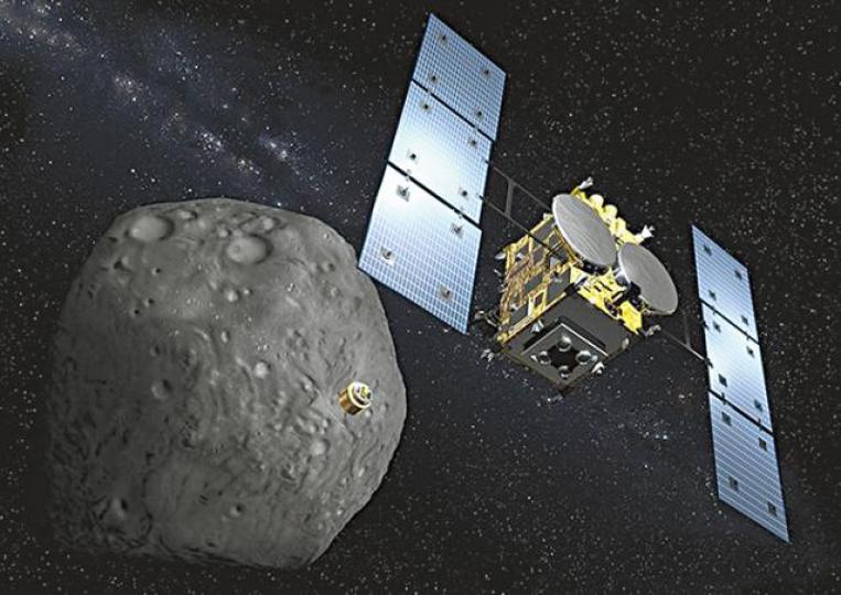 ■隼鳥2號抵達小行星龍宮,將射撞擊器轟出深坑以採集地下石塊樣本。 ■隼鳥2號抵達小行星龍宮,將射撞擊器轟出深坑以採集地下石塊樣本。