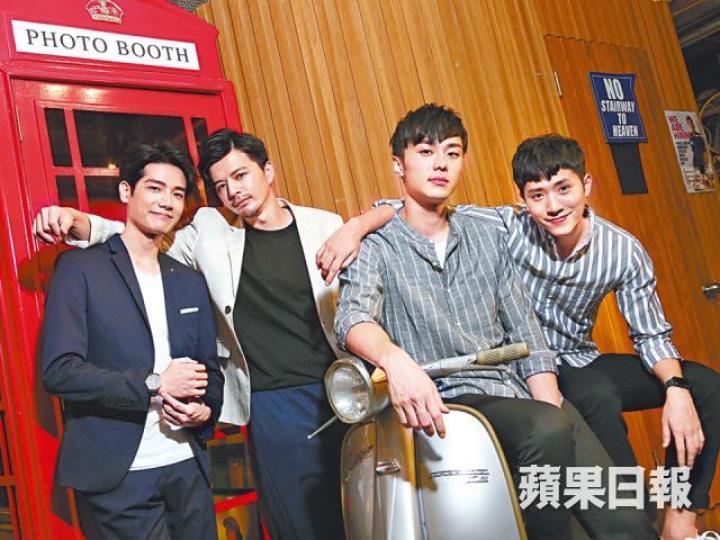 ■(左起)張行、江常輝、施柏宇和楊孟霖日前來港宣台灣BL劇。■江常輝(左)和張行有大膽親吻戲。劇照 ■(左起)張行、江常輝、施柏宇和楊孟霖日前來港宣台灣BL劇。■江常輝(左)和張行有大膽親吻戲。劇照