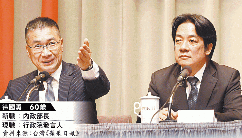 ■行政院長賴清德(右)昨親自宣佈內閣改組。 台灣《蘋果日報》 ■行政院長賴清德(右)昨親自宣佈內閣改組。 台灣《蘋果日報》