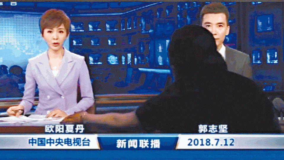 ■前晚央視新聞聯播驚現黑影搶鏡。■對習像潑墨的董瑤瓊已被拘捕。 ■前晚央視新聞聯播驚現黑影搶鏡。■對習像潑墨的董瑤瓊已被拘捕。