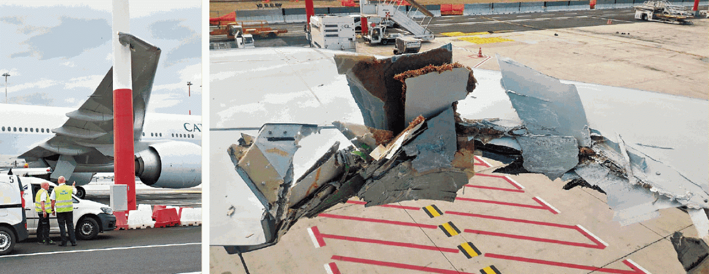 ■國泰一班原定由羅馬返港的客機在停機坪意外撞柱(左圖),機翼損毀嚴重。讀者提供圖片 ■國泰一班原定由羅馬返港的客機在停機坪意外撞柱(左圖),機翼損毀嚴重。讀者提供圖片