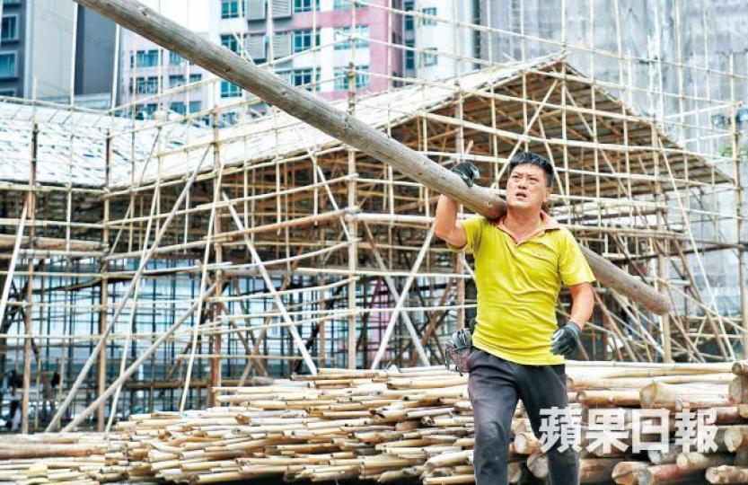 成哥一手拿起木杉揹上肩無難度,木杉是戲棚的主力結構,行內稱之為「篤針」。 成哥一手拿起木杉揹上肩無難度,木杉是戲棚的主力結構,行內稱之為「篤針」。