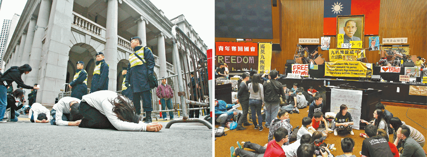 左圖:當年反高鐵運動,示威者在立法會門外請願。右圖:「太陽花學運」改寫了台灣政治生態。作為反高鐵運動的參與者,謝冠東筆下記錄不少抗爭文檔,他慨嘆現在香港言論空間更窄,最終選擇移居台灣,投入更多時間看書寫作。謝冠東踏着台北共享單車穿梭往來,享受他最愛的運動及香港欠奉的自由。 左圖:當年反高鐵運動,示威者在立法會門外請願。右圖:「太陽花學運」改寫了台灣政治生態。作為反高鐵運動的參與者,謝冠東筆下記錄不少抗爭文檔,他慨嘆現在香港言論空間更窄,最終選擇移居台灣,投入更多時間看書寫作。謝冠東踏着台北共享單車穿梭往來,享受他最愛的運動及香港欠奉的自由。