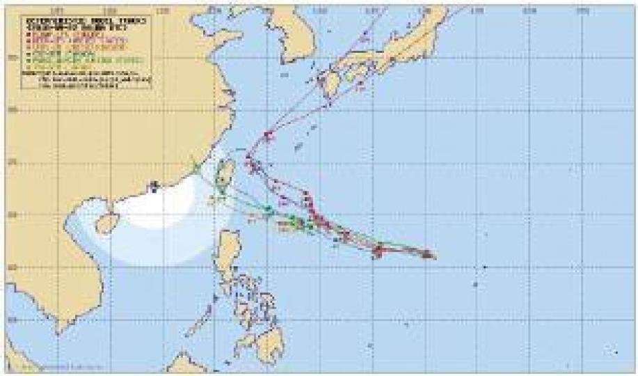 多國氣象電腦預報均預測「潭美」將大致吹向台灣或沖繩一帶。 多國氣象電腦預報均預測「潭美」將大致吹向台灣或沖繩一帶。