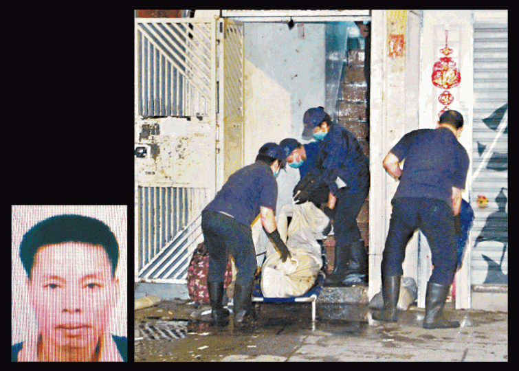 遭鄰居殺死的周冠余,屍體由仵工移送殮房。唐家輝攝疑兇朱國英殺人後跳樓身亡。讀者提供圖片 遭鄰居殺死的周冠余,屍體由仵工移送殮房。唐家輝攝疑兇朱國英殺人後跳樓身亡。讀者提供圖片