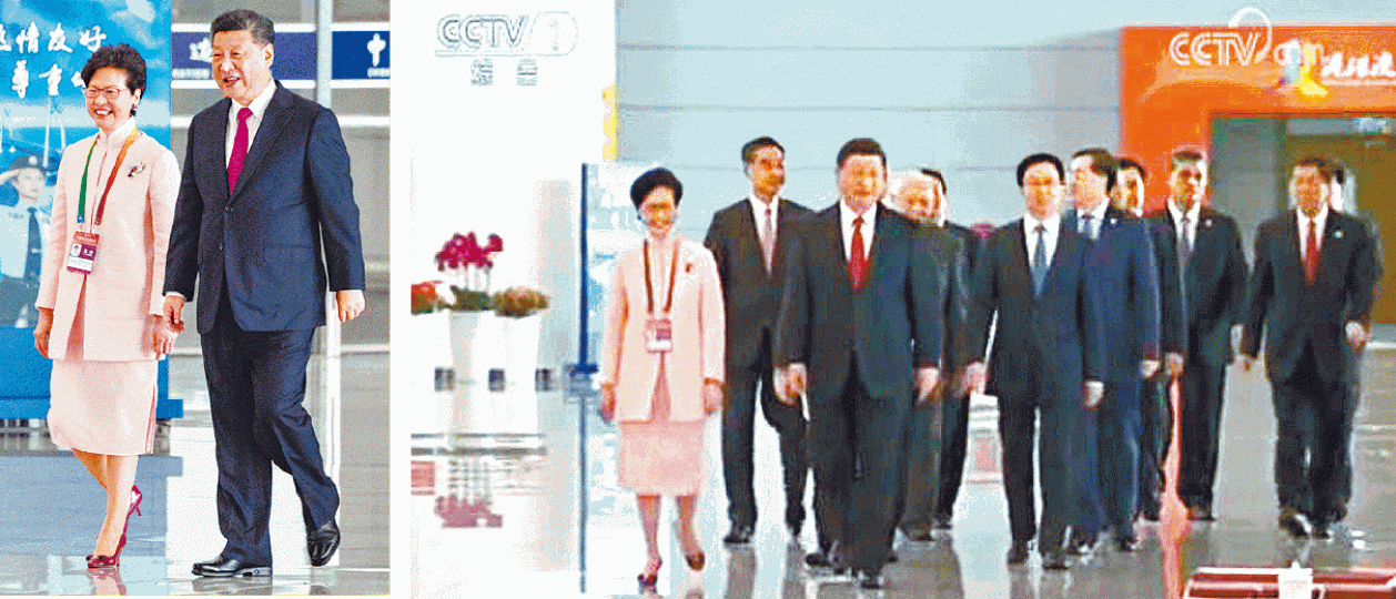 林鄭日前與習近平並肩而行(左圖),但新聞聯播只播出習帶隊片段(右圖)。 林鄭日前與習近平並肩而行(左圖),但新聞聯播只播出習帶隊片段(右圖)。