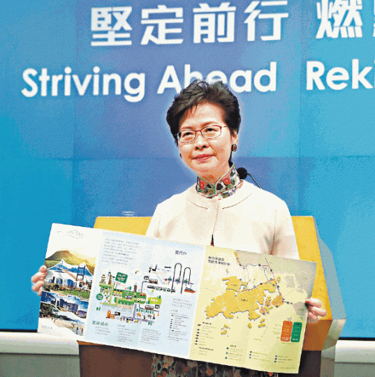 林鄭月娥在今年《施政報告》中推出1,700公頃填海計劃。明日大嶼出爐後,逾萬市民上月中上街反對方案。 林鄭月娥在今年《施政報告》中推出1,700公頃填海計劃。明日大嶼出爐後,逾萬市民上月中上街反對方案。
