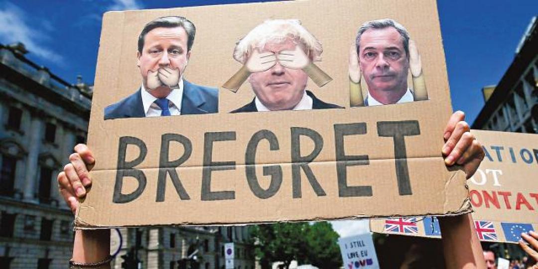 不少人後悔支持脫歐(Brexit),有示威者為此創新字「Bregret」。互聯網 不少人後悔支持脫歐(Brexit),有示威者為此創新字「Bregret」。互聯網