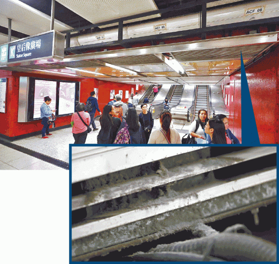 中環港鐵站皇后像廣場出口風閘滿佈積塵,恐影響乘客健康。朱永倫攝 中環港鐵站皇后像廣場出口風閘滿佈積塵,恐影響乘客健康。朱永倫攝