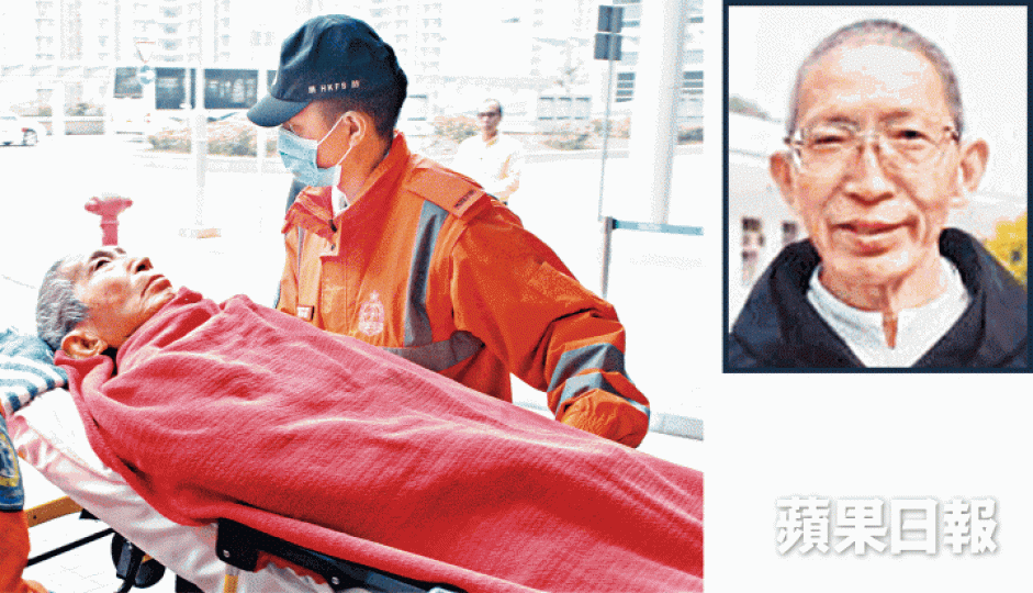 康來福神父身體虛弱,由救護車送院治理。文兆麟攝 康來福神父身體虛弱,由救護車送院治理。文兆麟攝