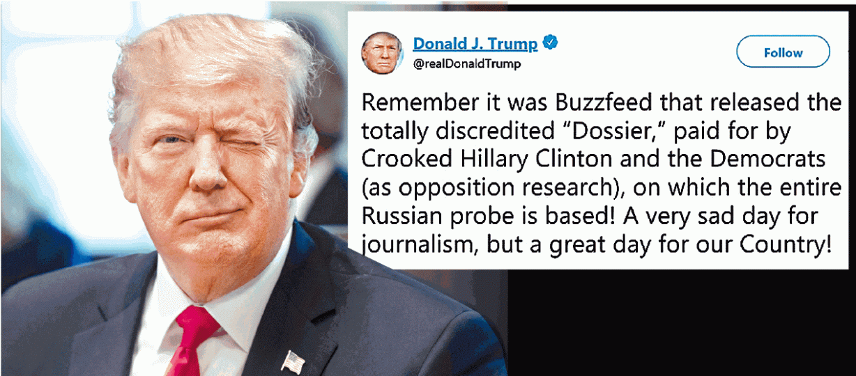 特朗普一直對Buzzfeed前年完整公佈一份指他通俄的「檔案」懷恨在心,今次難得有特檢官「撐腰」,他立即推文斥網站報道不實消息。米勒就任通俄特檢官以來首次回應傳媒報道。 特朗普一直對Buzzfeed前年完整公佈一份指他通俄的「檔案」懷恨在心,今次難得有特檢官「撐腰」,他立即推文斥網站報道不實消息。米勒就任通俄特檢官以來首次回應傳媒報道。