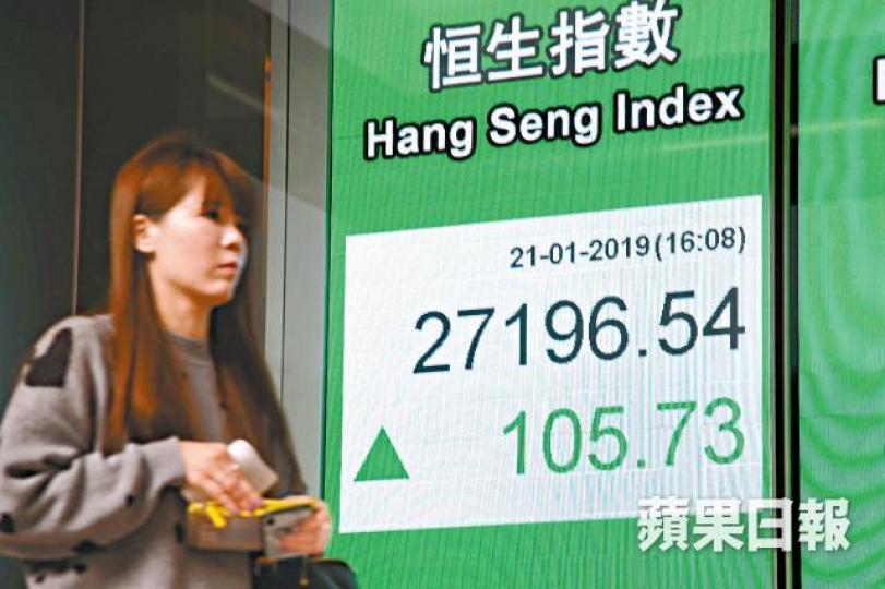 港股昨一度漲232點,但高位遇阻,收市升105點。何耀勤攝 港股昨一度漲232點,但高位遇阻,收市升105點。何耀勤攝