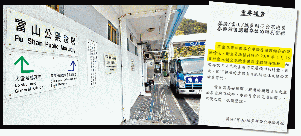 富山公眾殮房近日貼出告示(右圖),指已啟用九龍公眾殮房的備用遺體儲存設施應急。梁瑞帆攝那打素醫院稱告示屬恒常,指其殮房使用率至今未出現飽和。 富山公眾殮房近日貼出告示(右圖),指已啟用九龍公眾殮房的備用遺體儲存設施應急。梁瑞帆攝那打素醫院稱告示屬恒常,指其殮房使用率至今未出現飽和。