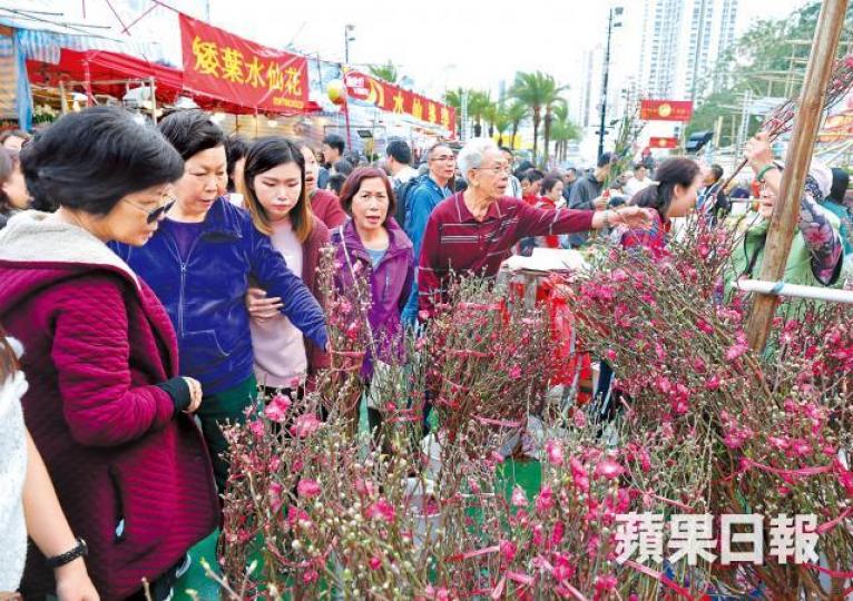 【維園年宵】桃花檔看花人多，買花人少。李家皓攝乾貨攤檔171號主打豬版「任何仁」，負責人稱只求開心玩。