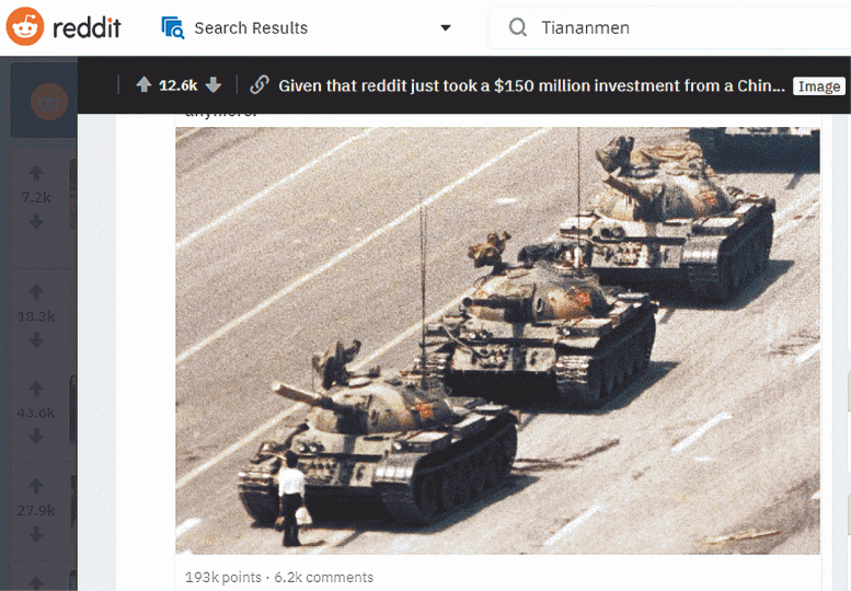 Reddit用戶狂貼六四相片,諷刺騰訊入股。 Reddit用戶狂貼六四相片,諷刺騰訊入股。