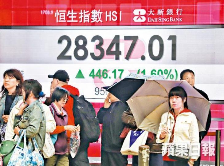 憧憬中美本周貿易談判順利,港股昨日升446點。譚德潤攝 憧憬中美本周貿易談判順利,港股昨日升446點。譚德潤攝